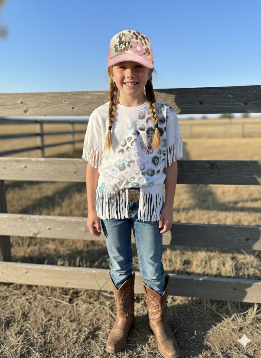 Down on the farm T-shirt and trucker hat.